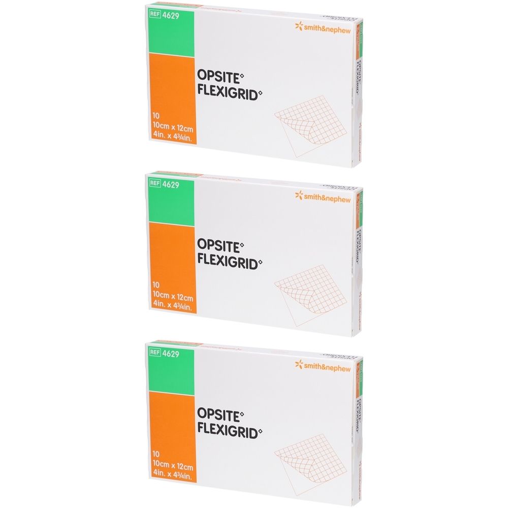 Drei Packungen OPSITE® Flexigrid Transparenter Verband. Jede Packung zeigt Produktname, Größe 10x12cm und Logo.