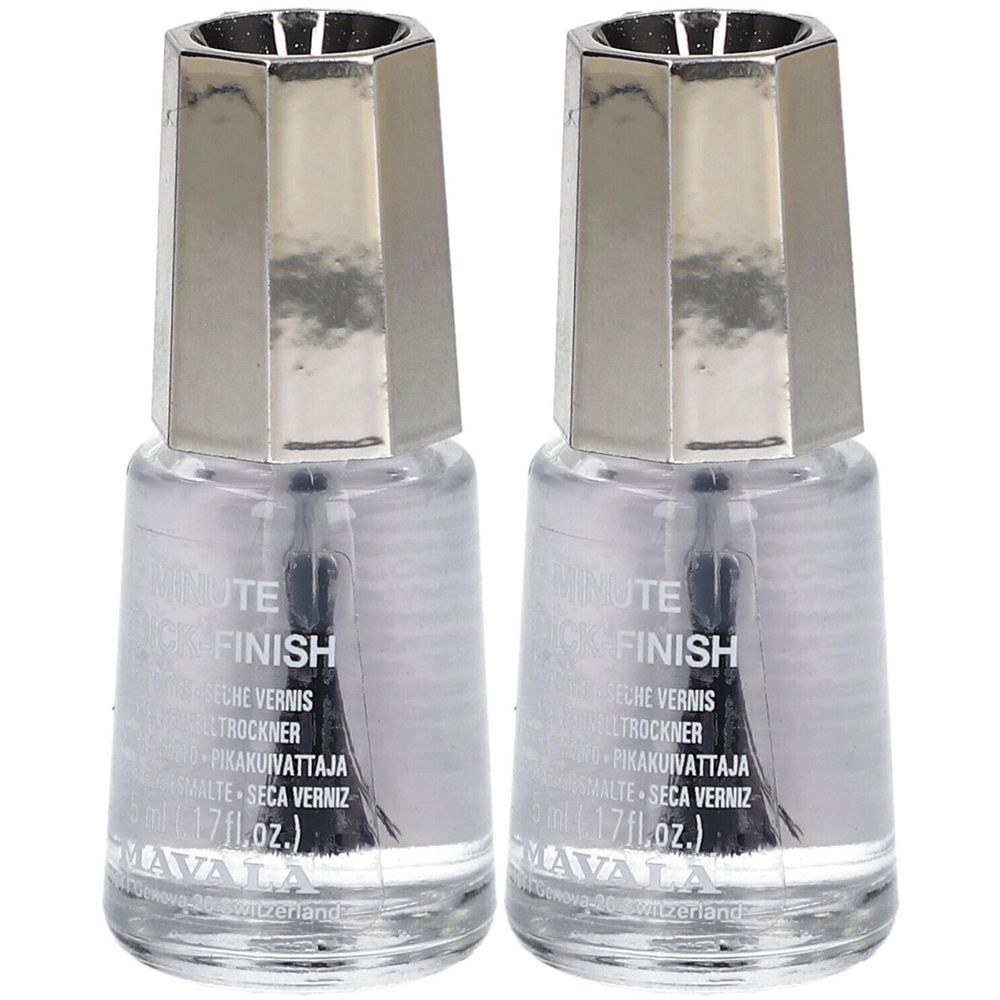 Zwei Flaschen Nagellack. Klare Flüssigkeit in Glasflaschen mit silberfarbenen Deckeln. Aufschrift: Minute Quick Finish, Mavala.