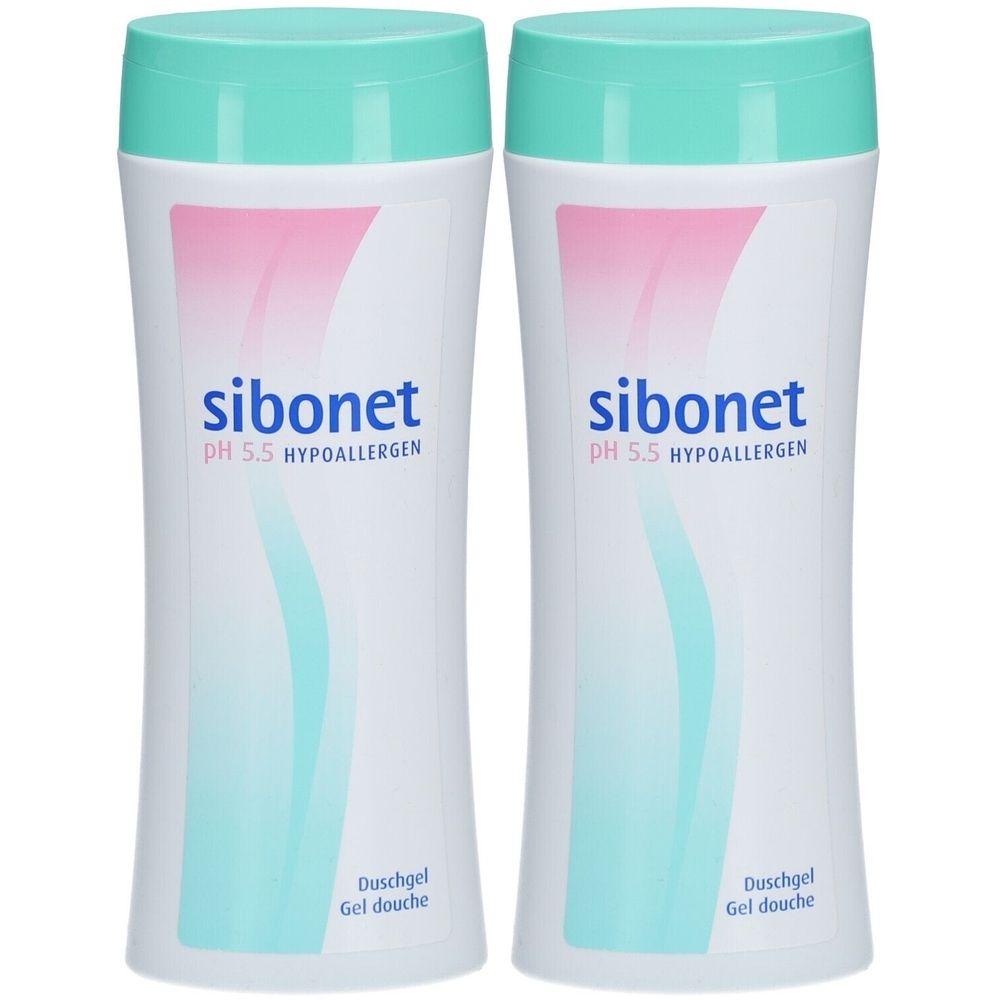 Deux flacons blancs avec bouchons turquoise. Inscription "sibonet pH 5.5 HYPOALLERGEN". En dessous, "Duschgel Gel douche".