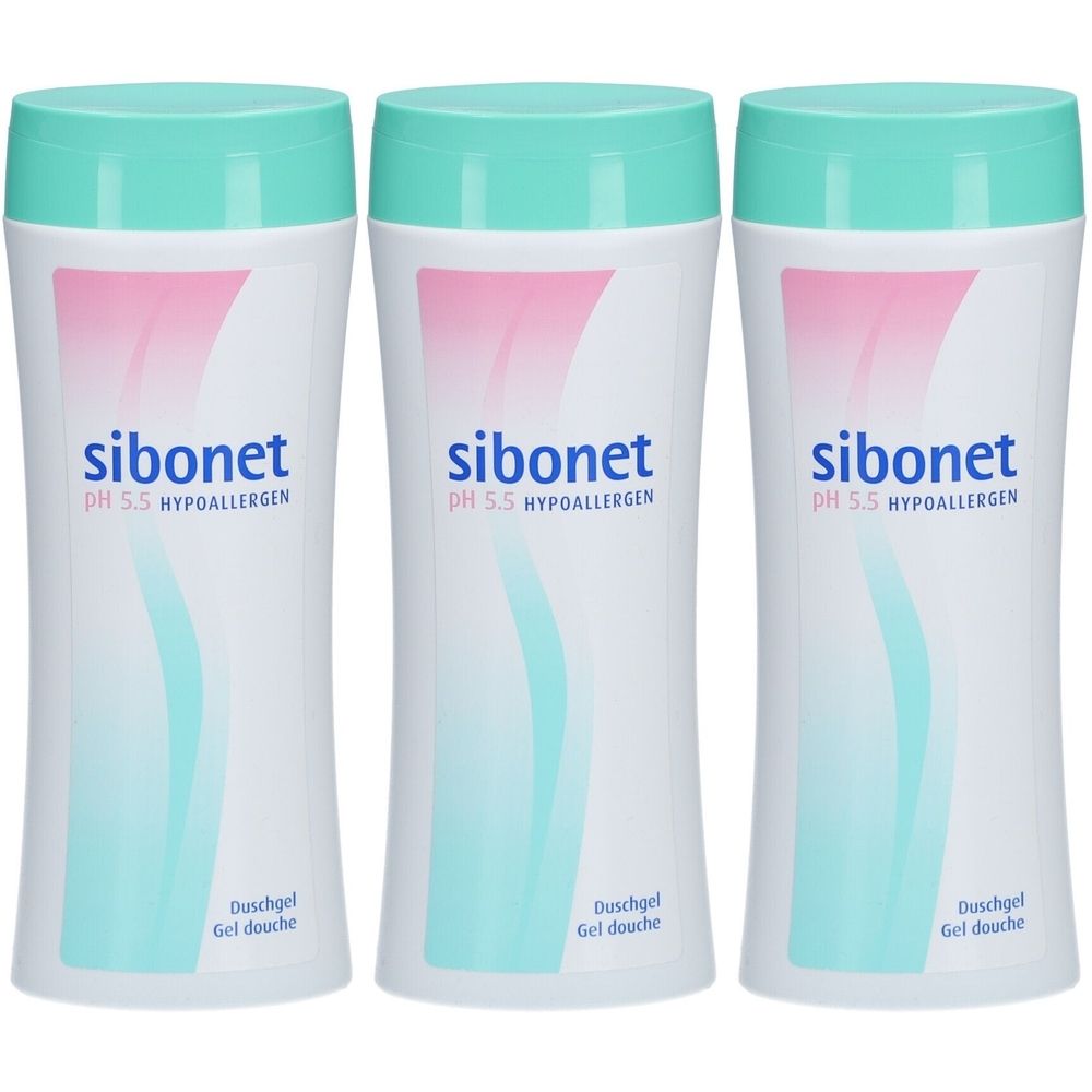 Trois flacons blancs avec des bouchons turquoise. Chaque flacon porte l'inscription « sibonet PH 5.5 HYPOALLERGEN » et « Duschgel ».