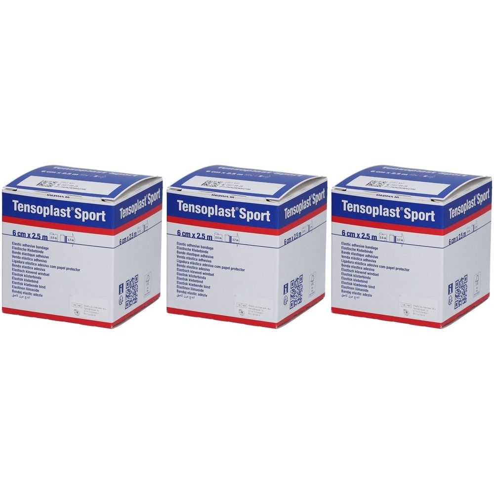 Drei Kartons Tensoplast Sport. Aufdruck: 6 cm x 2,5 m. Blau-weiße Verpackung mit rotem Streifen. Produktname deutlich sichtbar.
