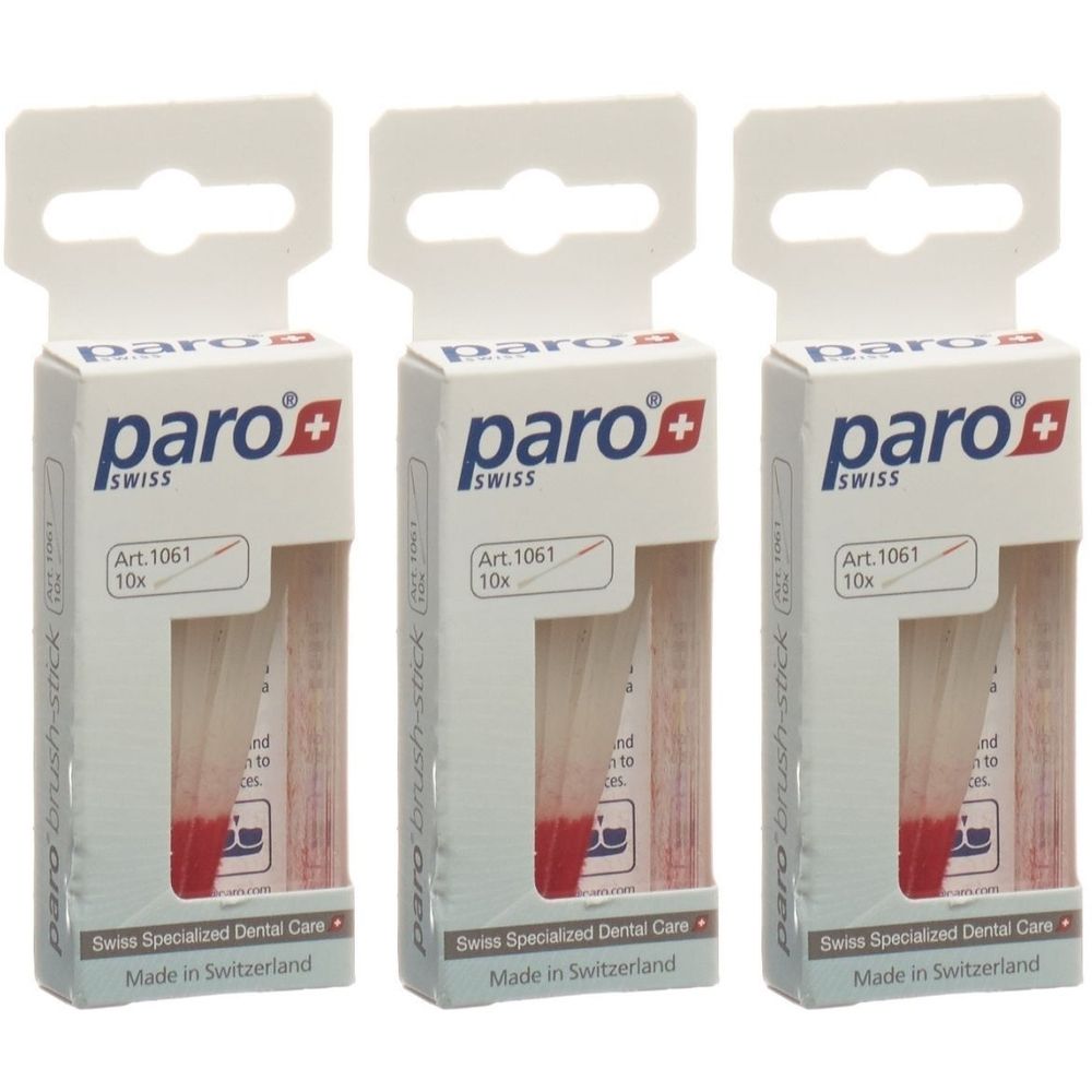 Drei Packungen Paro Brush-Sticks. Jede Packung enthält 10 Stück. Die Verpackung zeigt das Logo Paro Swiss und die Aufschrift Swiss Specialized Dental Care.