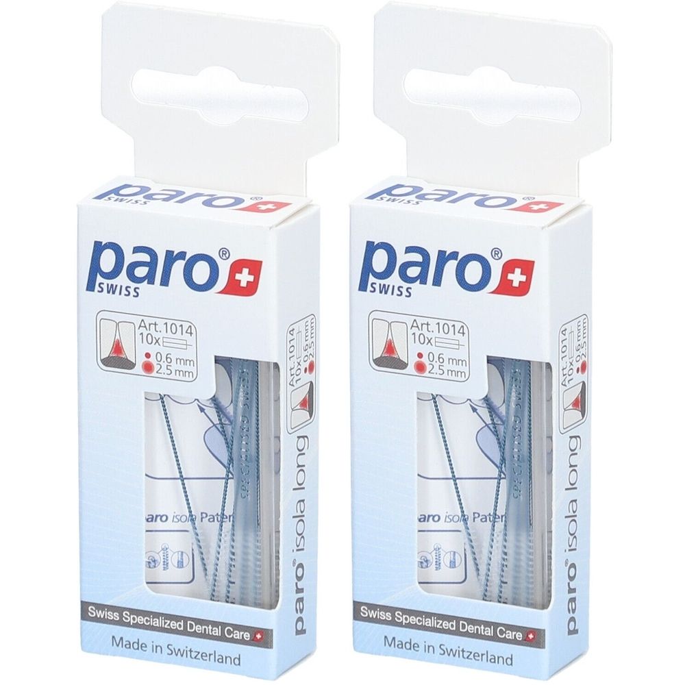 Zwei Packungen paro Isola long. Jede Packung enthält 10 Interdentalbürsten. Blaue Bürsten mit 2,5 mm Durchmesser.