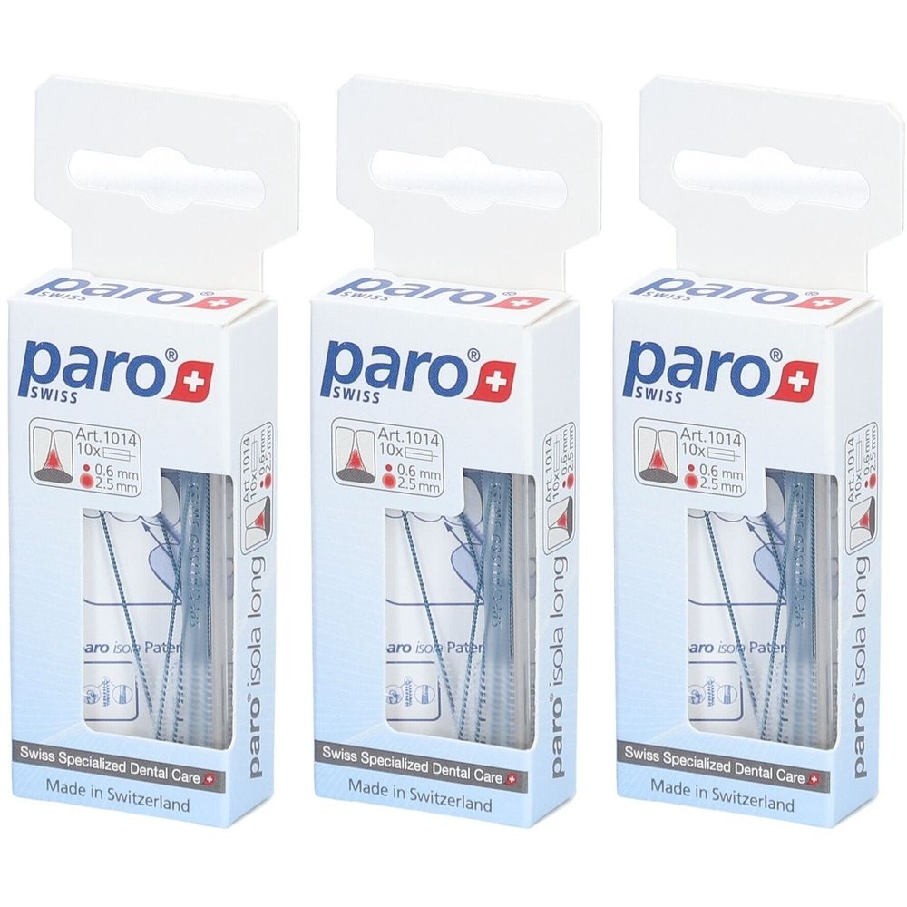Drei Packungen Paro Isola Long. Jede Packung enthält Interdentalbürsten. Aufdrucke: Paro, Swiss, Art. 1014, 0,6 mm, 2,5 mm.