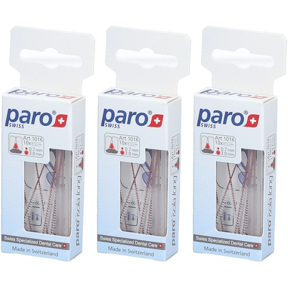 Trois boîtes de paro® Interdentalbürste Isola Long. Chaque boîte contient 10 brosses. Marque et nom du produit visibles.