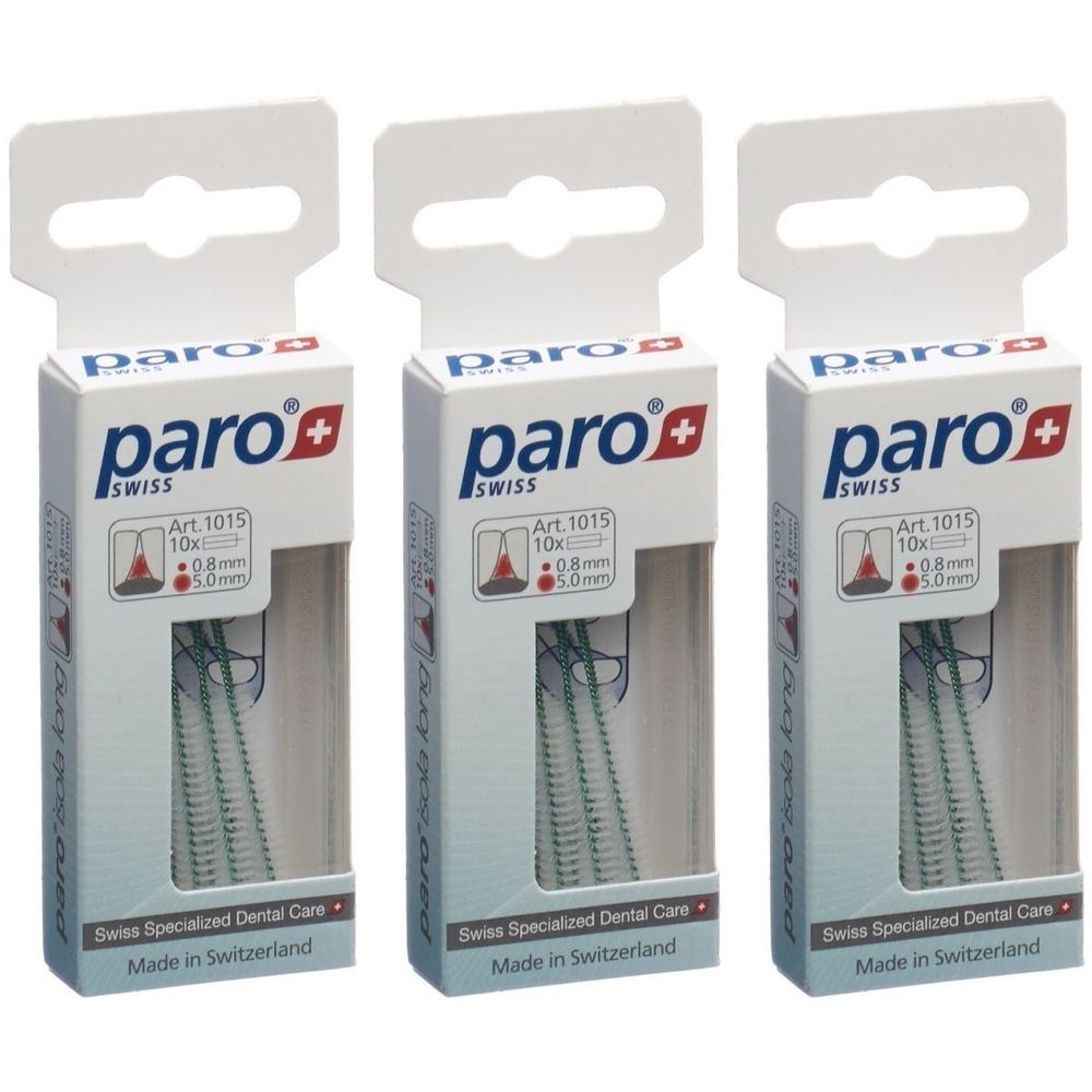 Trois boîtes de brosses à dents paro®. Chaque emballage affiche le logo paro® Swiss, des informations sur le produit et une vue transparente des brosses.