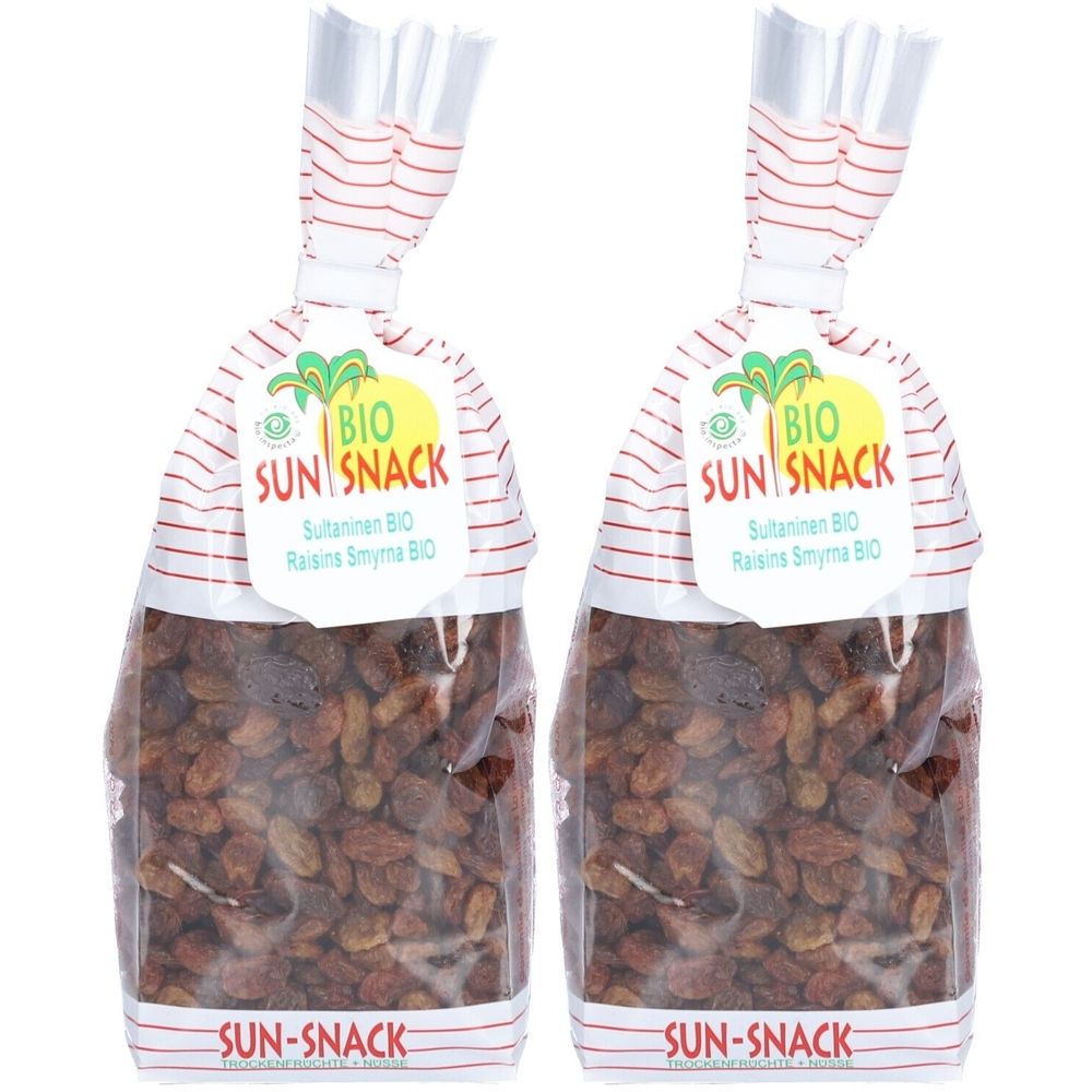 Zwei transparente Beutel mit Sultaninen. Aufdruck: BIO SUN SNACK. Aufschrift: Sultaninen BIO, Raisins Smyrna BIO. Verpackung mit rotem Streifenmuster.