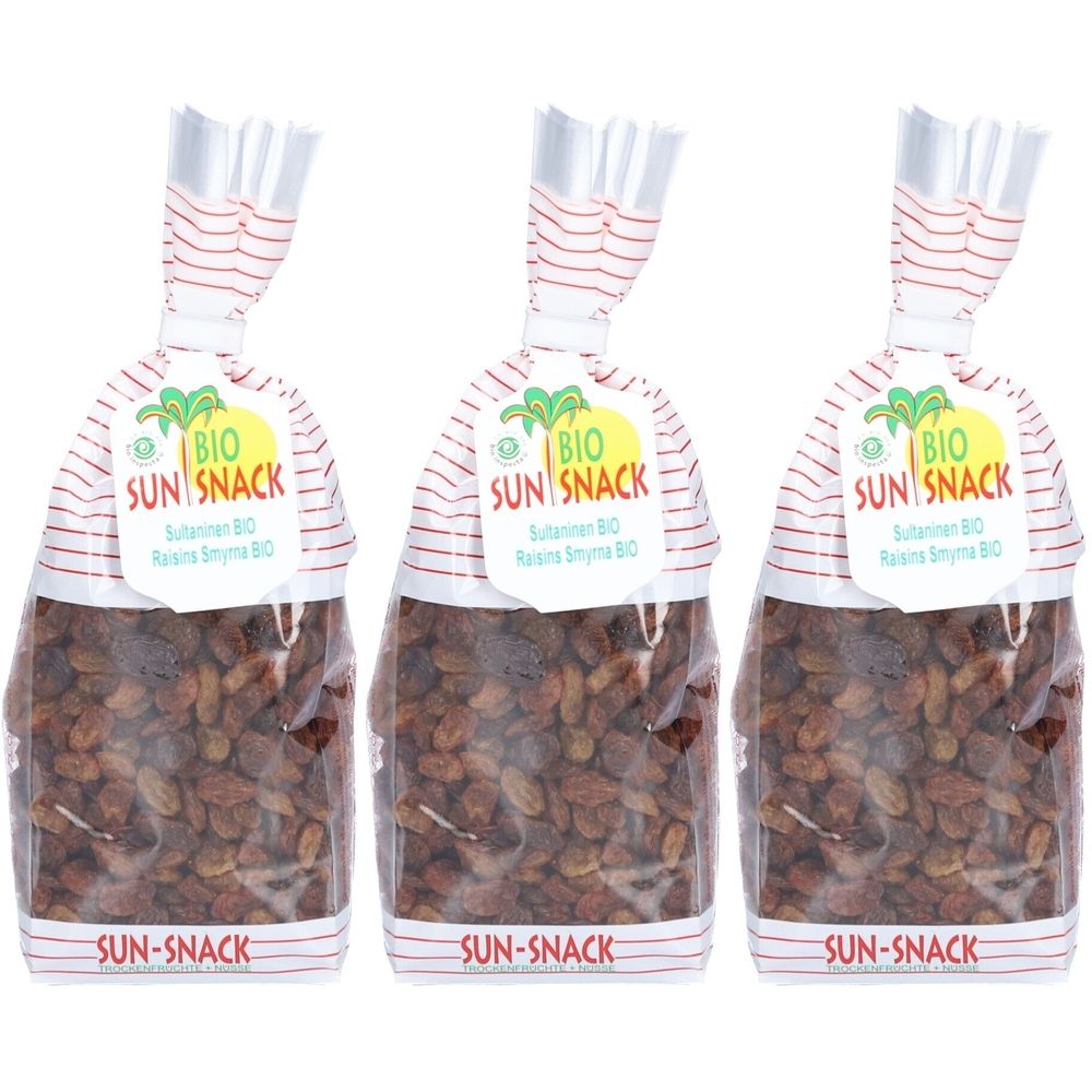 Drei Beutel Sun Snack Bio Sultaninen Smyrna. Klarsichtbeutel mit rotem Streifenmuster und Aufdruck. Sichtbar: Bio-Logo, Produktname.