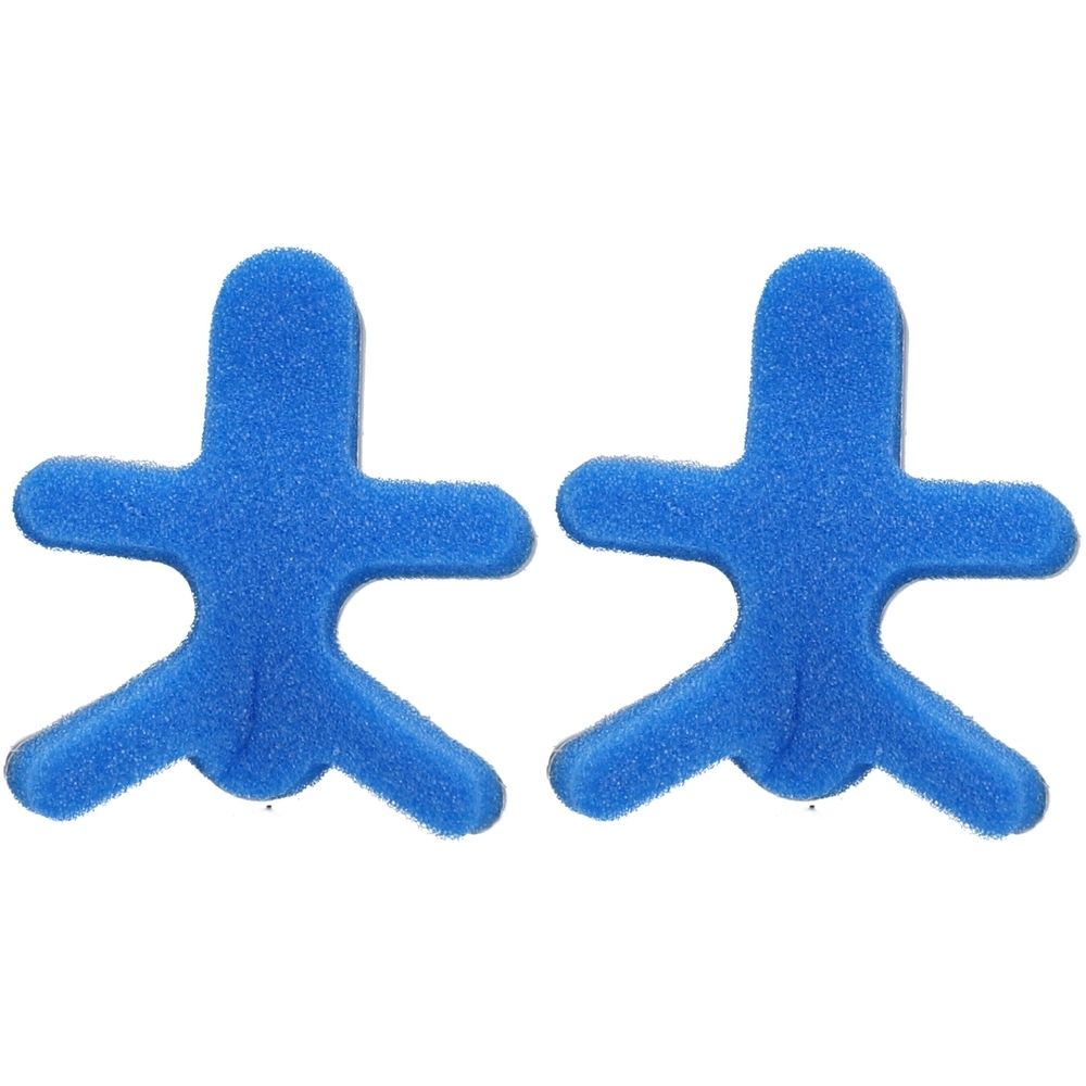 Zwei blaue, schaumstoffartige Fingerorthesen in Froschform. Jede Orthese hat einen zentralen Teil und drei Ausleger.