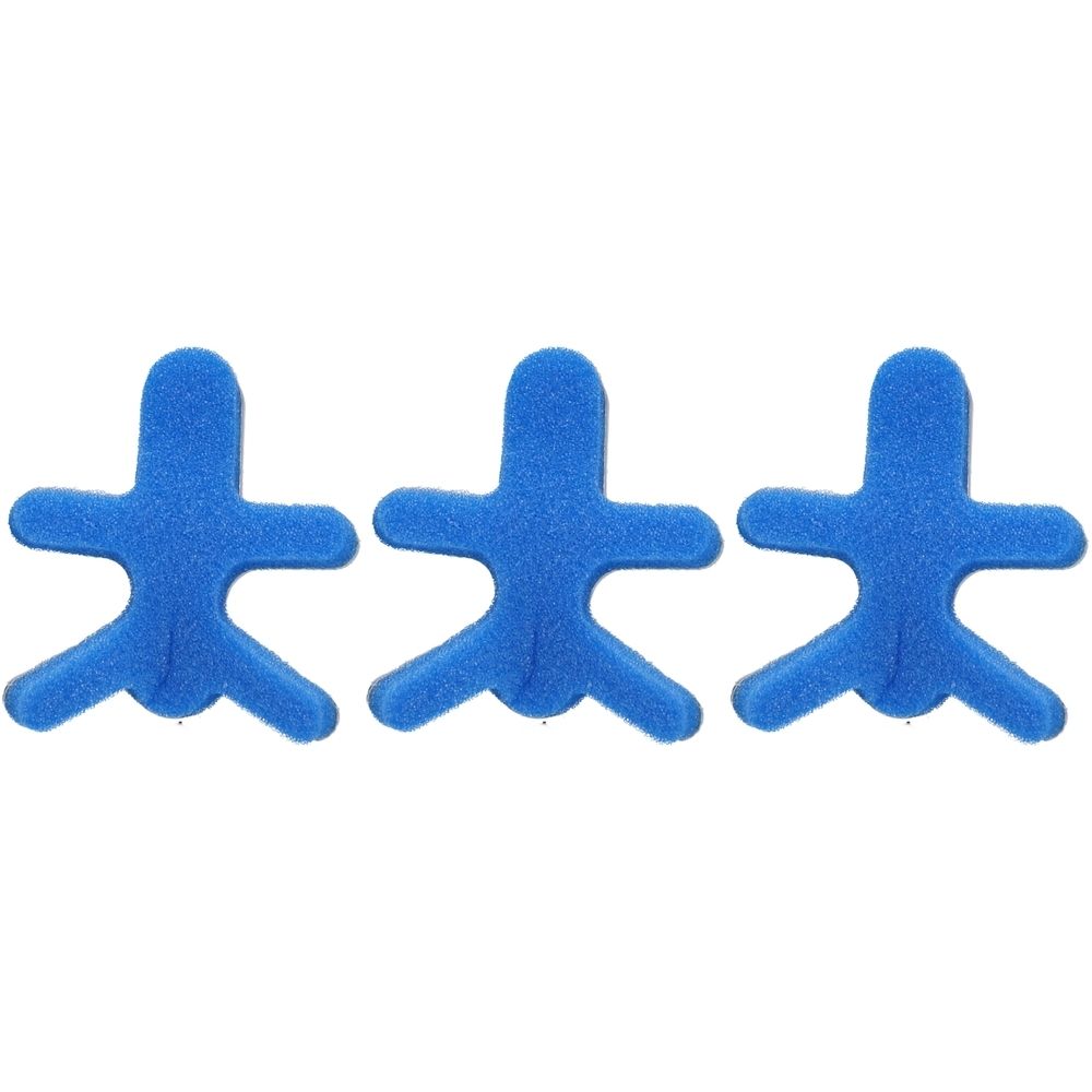 Drei blaue, sternförmige Fingerorthesen. Schaumstoff. Jede Orthese hat drei Aussparungen für die Finger.