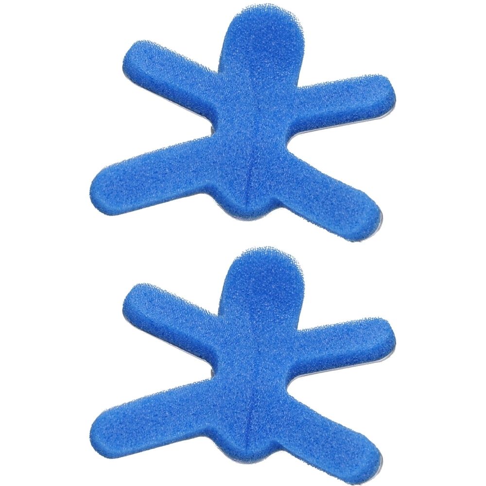 Zwei blaue, sternförmige Schaumstoffteile. Jedes Teil hat einen länglichen Mittelteil und vier Ausläufer.