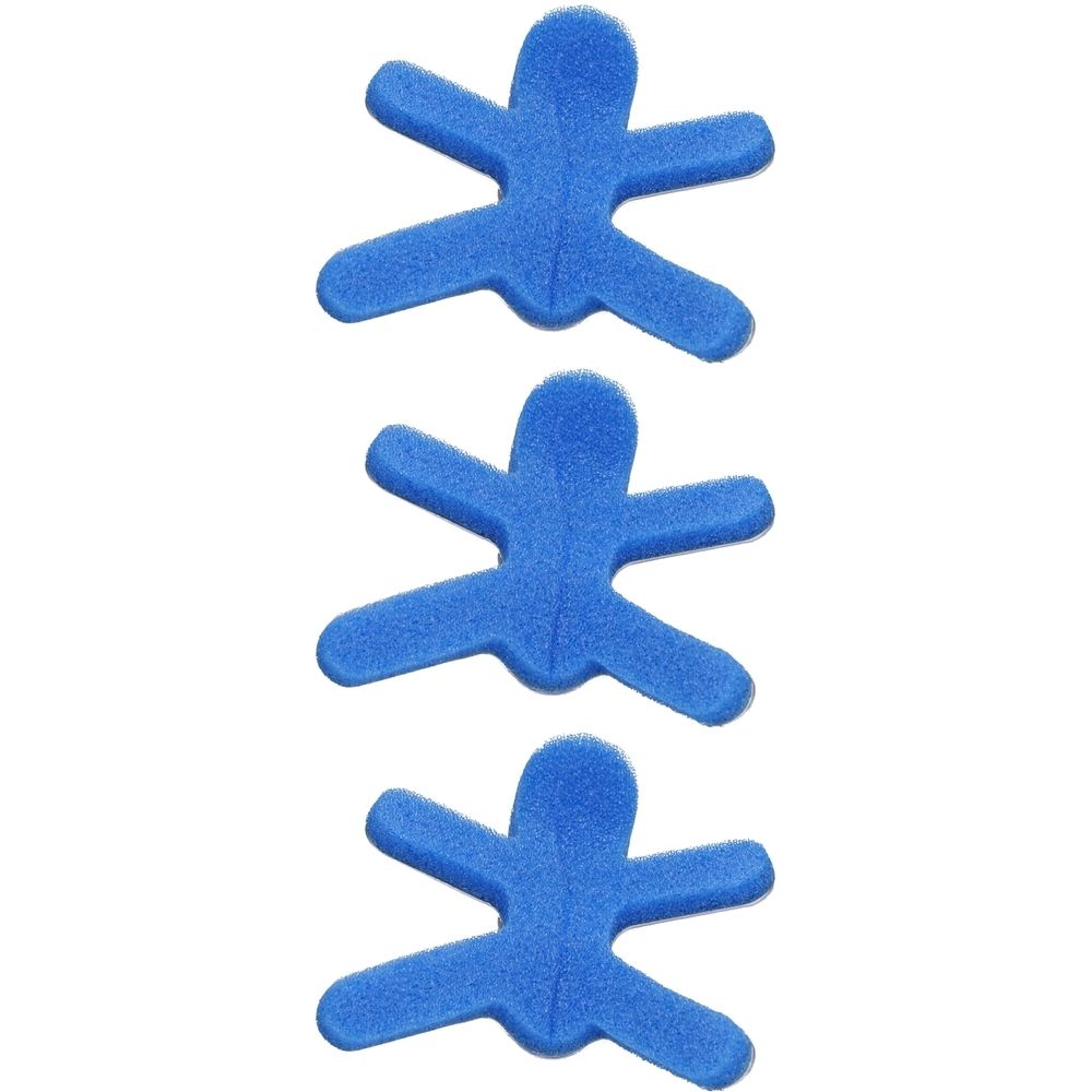 Drei blaue, sternförmige Fingerorthesen. Jede Orthese hat einen zentralen Körper und vier Ausläufer.