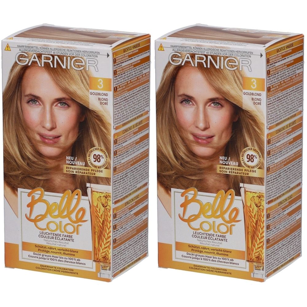 Deux boîtes Garnier Belle Color. Inscription : 3 Blond doré. Portrait de femme sur l'emballage. Avec 98% de réparation.
