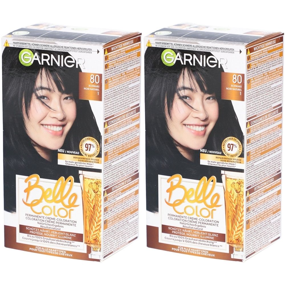 Deux boîtes de coloration Garnier Belle Color, N°80 Noir Naturel. Image : femme aux cheveux noirs. Texte : Belle Color, 97%.