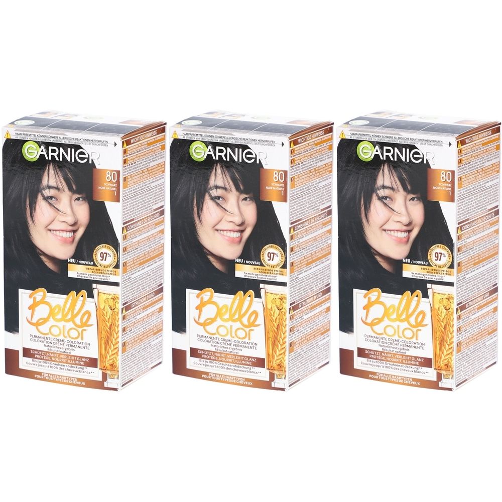 Trois boîtes de Garnier Belle Color Coloration. Chaque boîte présente une femme. Inscription : N°80 Naturschwarz.
