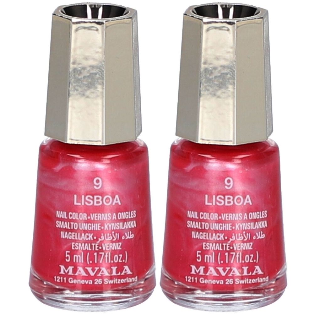 Deux flacons de vernis à ongles rouges avec bouchons argentés. Inscription : 9 Lisboa, Mavala, 5 ml. Inscriptions multilingues.
