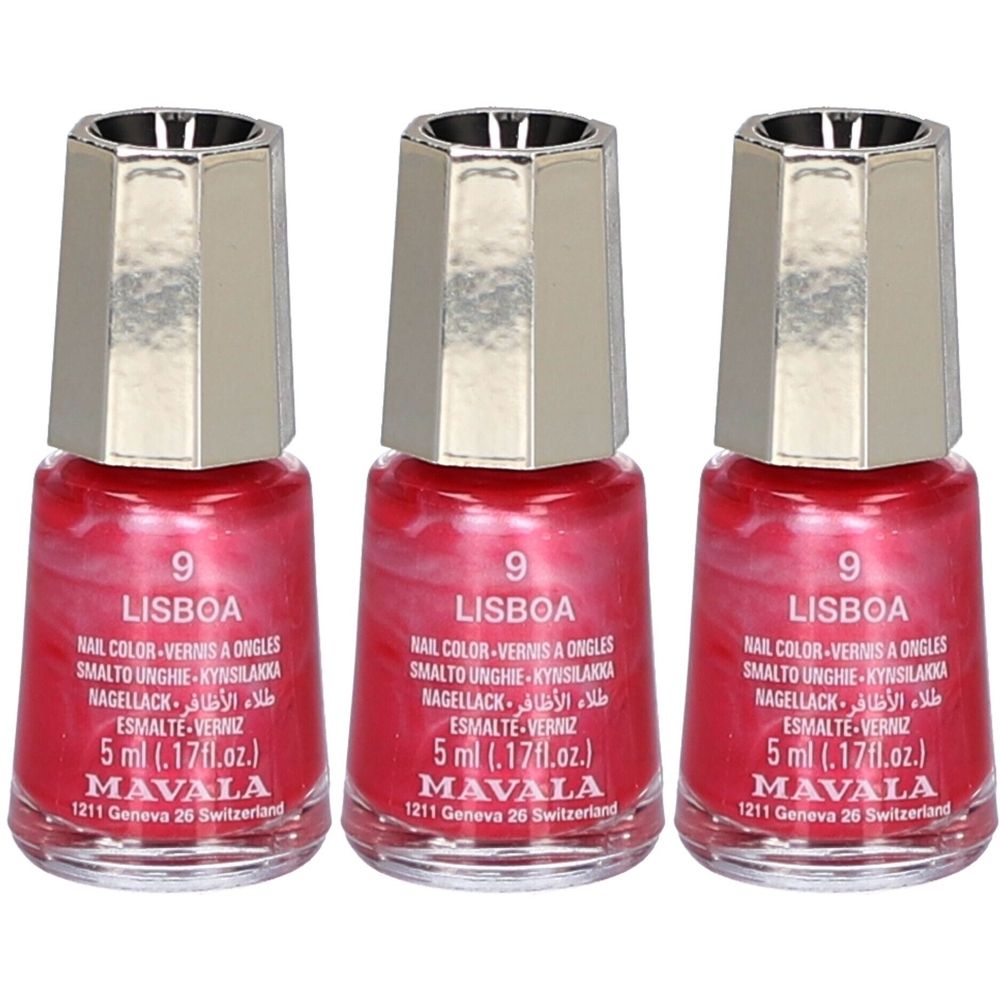 Trois flacons de vernis à ongles. Couleur rouge avec bouchons argentés. Inscription : Lisboa, 9, Mavala. Volume : 5 ml.