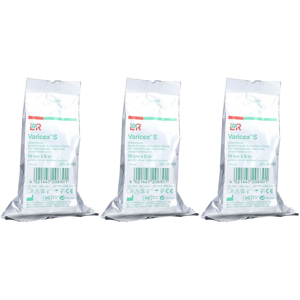 Drei Beutel mit L&R Varicex'S. Aufdruck: 10 cm x 5 m. Verpackung mit grünem Streifen und Barcode. Logo L&R.