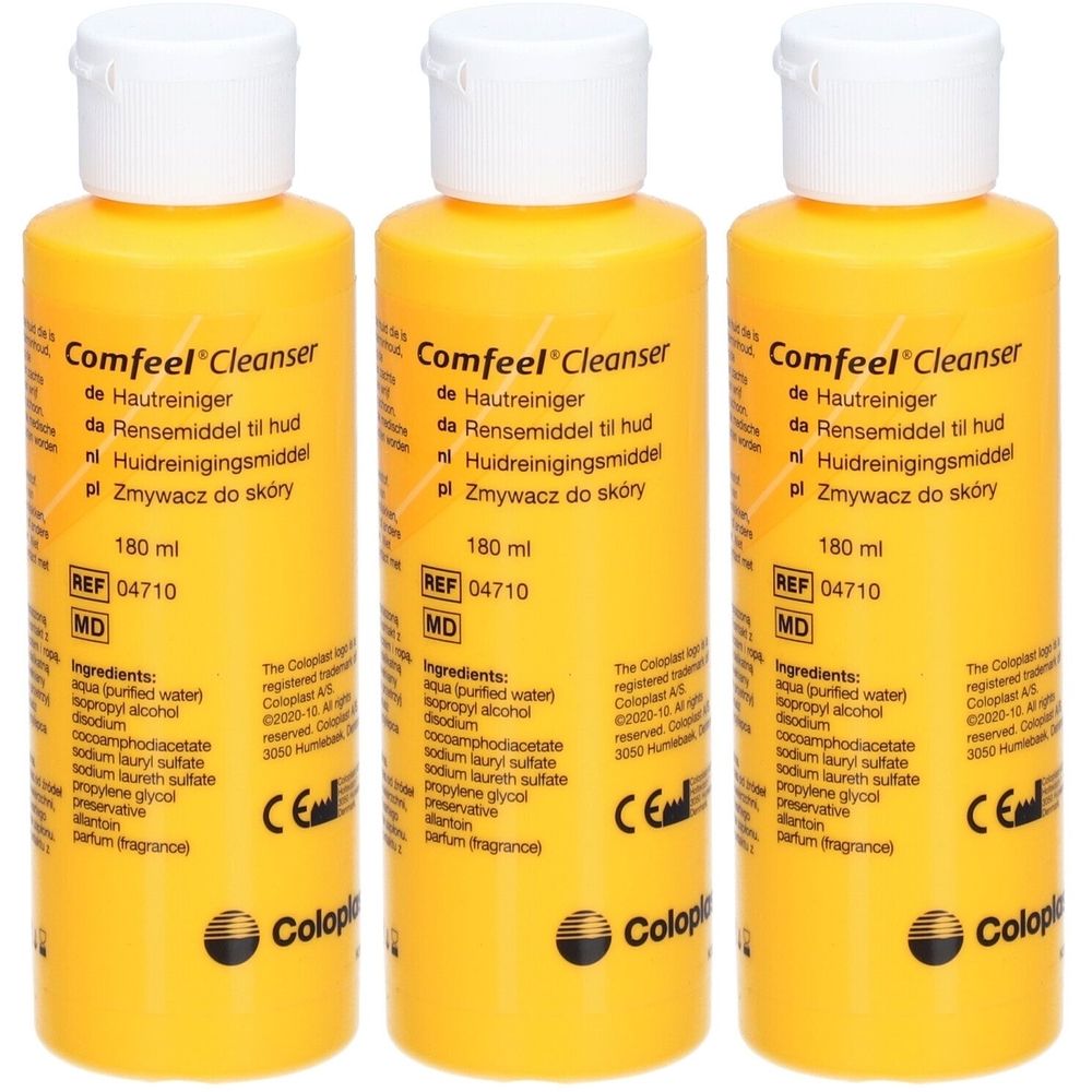Trois flacons jaunes avec bouchons blancs. Inscription: Comfeel Cleanser, 180 ml. Marque Coloplast.