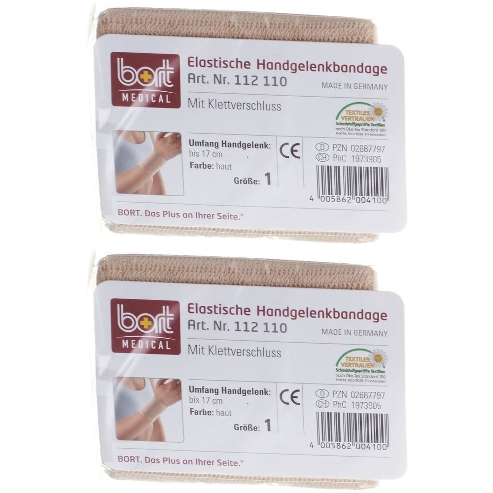 Zwei BORT Handgelenkbandagen mit Klettverschluss. Verpackung mit Produktinformationen. Farbe: haut. Größe 1. Made in Germany.