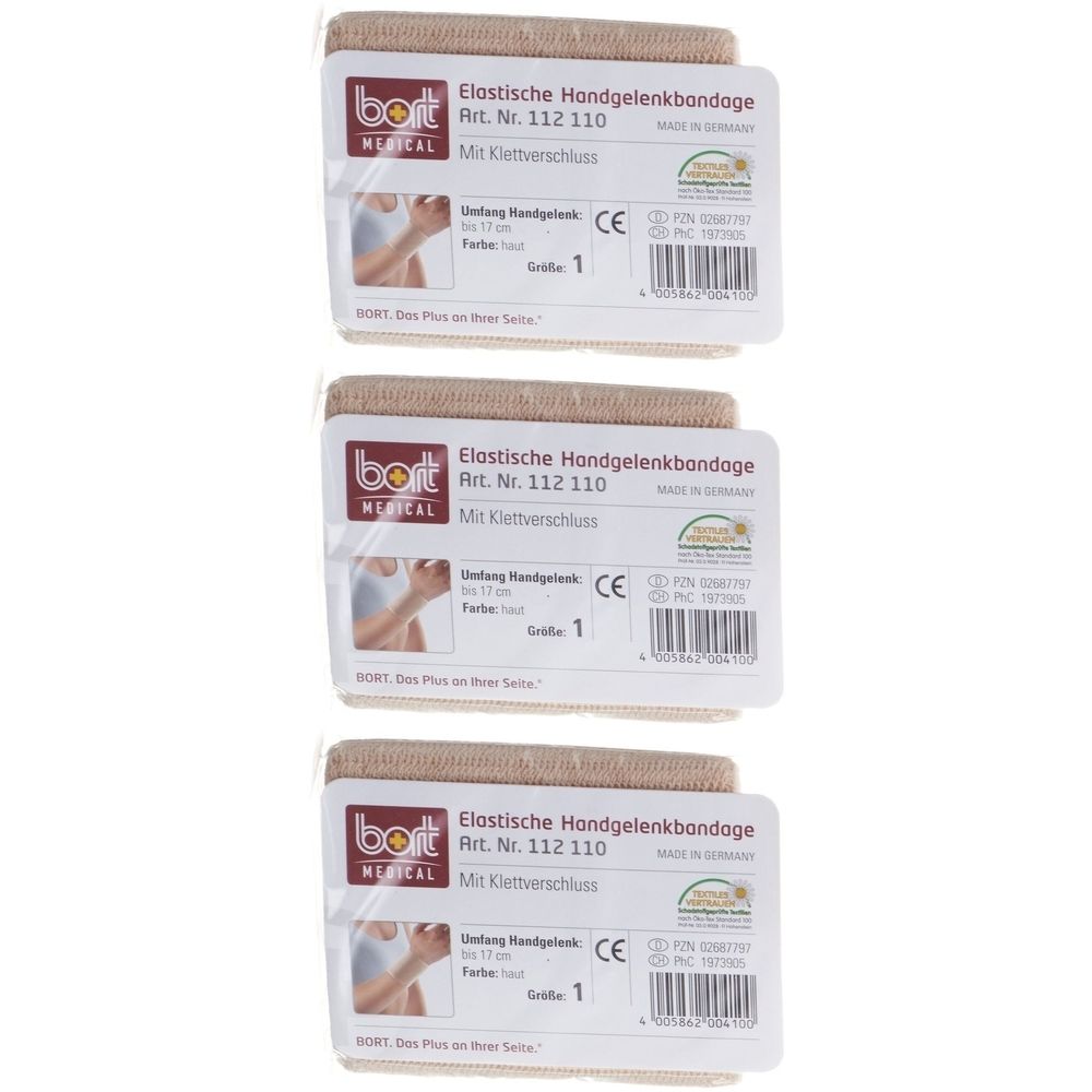 Drei Bandagen mit Klettverschluss. Auf jeder Verpackung steht: Elastische Handgelenkbandage, Art. Nr. 112 110, Größe 1.