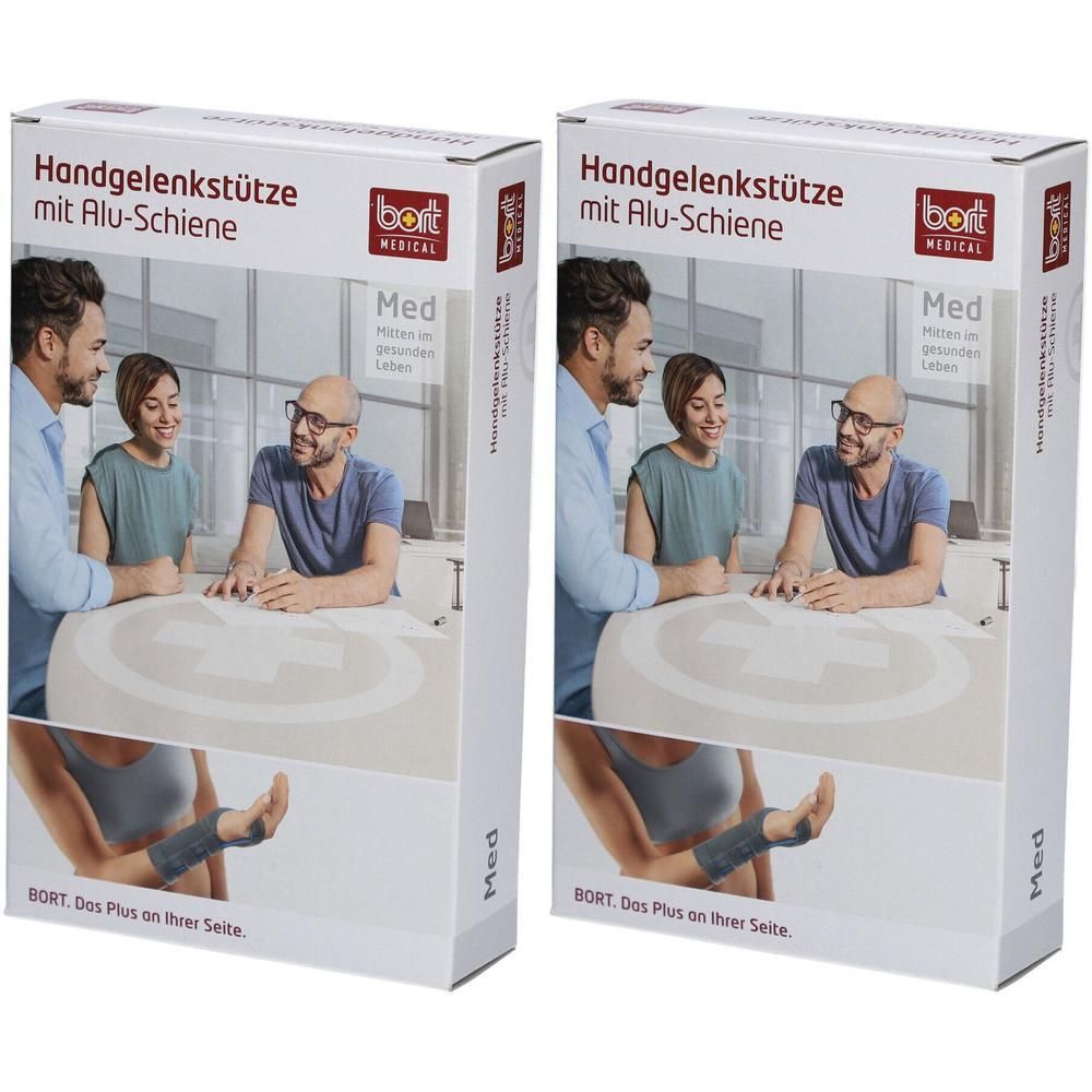 Orthèse de poignet BORT avec attelle en aluminium, droite, couleur chair, taille M. Boîte en carton avec illustration du produit et scénario d'utilisation.