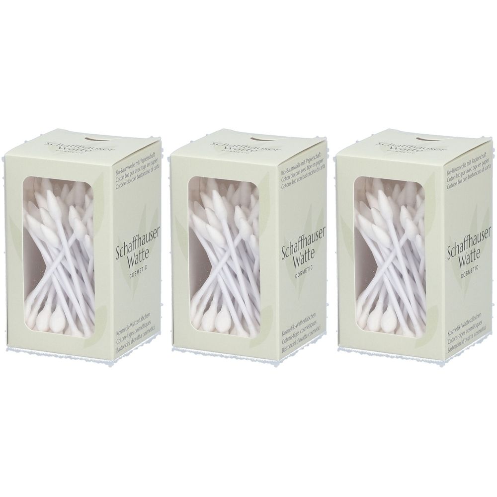 Trois boîtes de cotons-tiges. Chaque boîte a une fenêtre et l'inscription "Schaffhauser Watte".