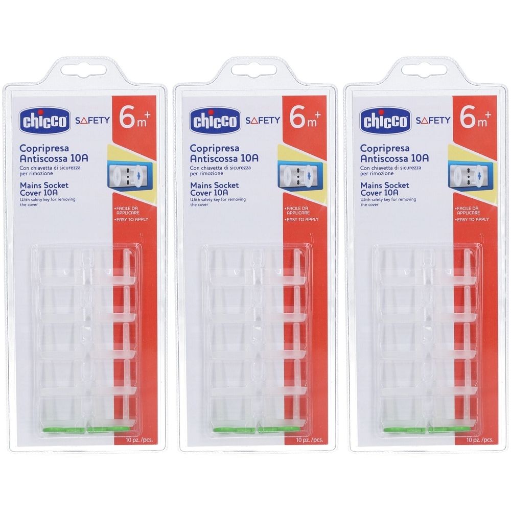 Drei Packungen Steckdosenabdeckungen. Jede Packung enthält 10 Stück. Marke: Chicco. Altersempfehlung: 6 Monate+.