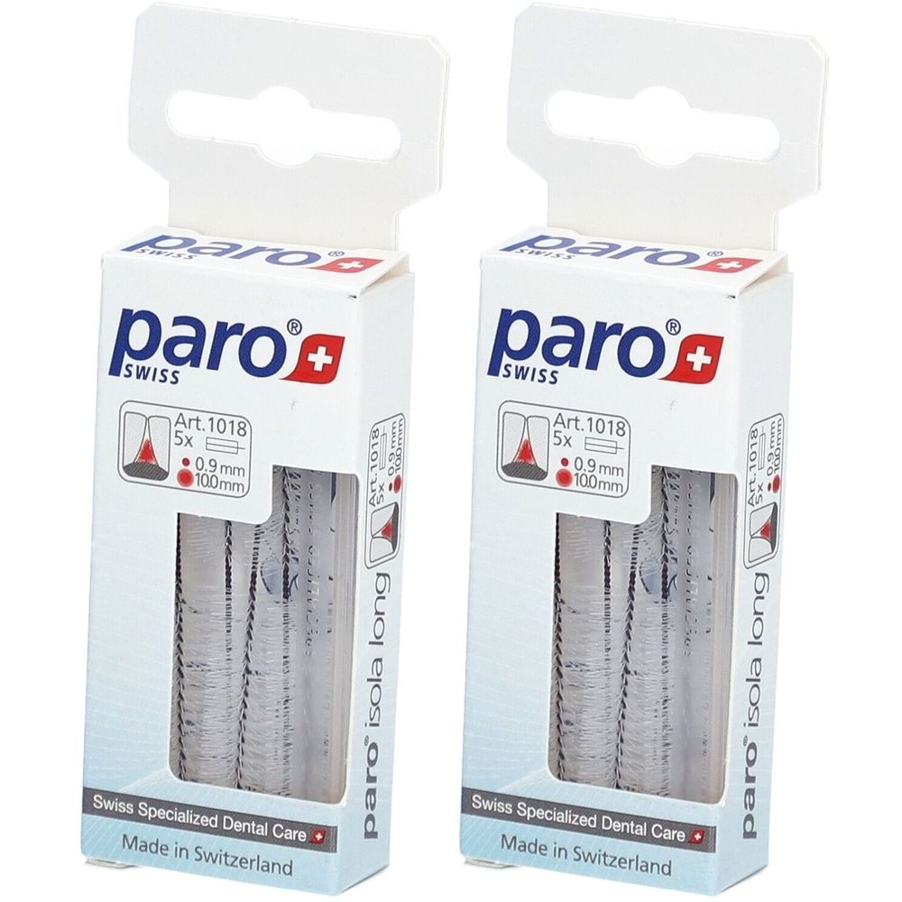 Zwei Packungen paro Isola long. Weiße Kartons mit Logo und Produktinformationen. Aufschrift: Swiss Specialized Dental Care.