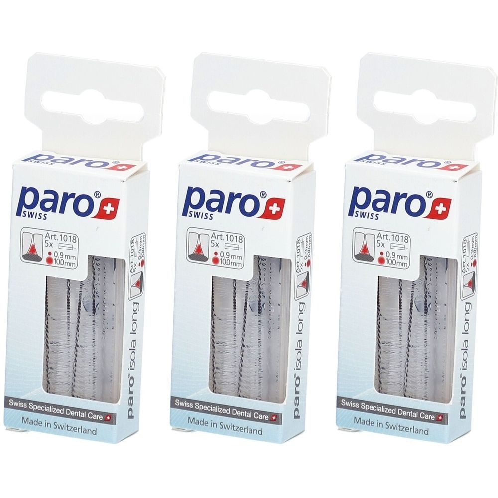 Drei Packungen paro Isola Long. Weiße Kartons mit Produktinformationen und Aufhängeloch. Sichtbar: 5 Stück, 0,9mm, 100mm.