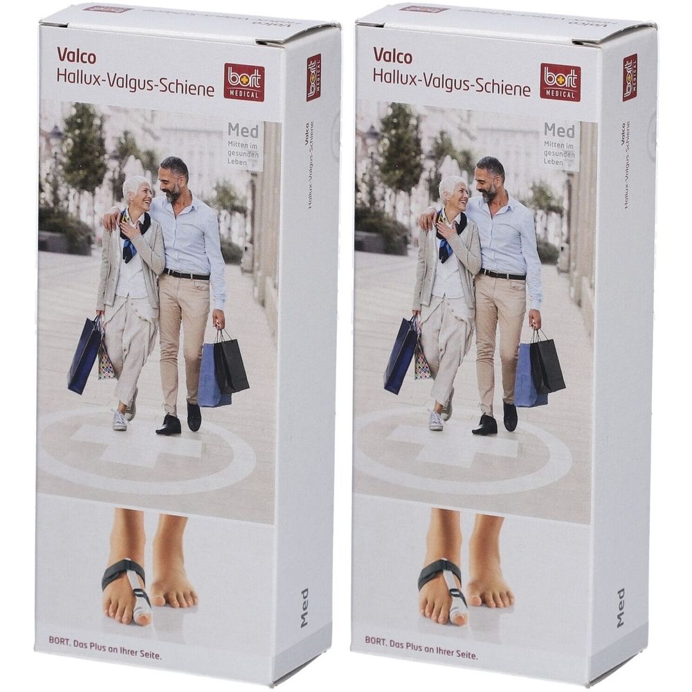 Emballage avec image du produit. Inscription : Valco Hallux-Valgus-Schiene. Marque : BORT. Image d'un pied avec attelle. Med.