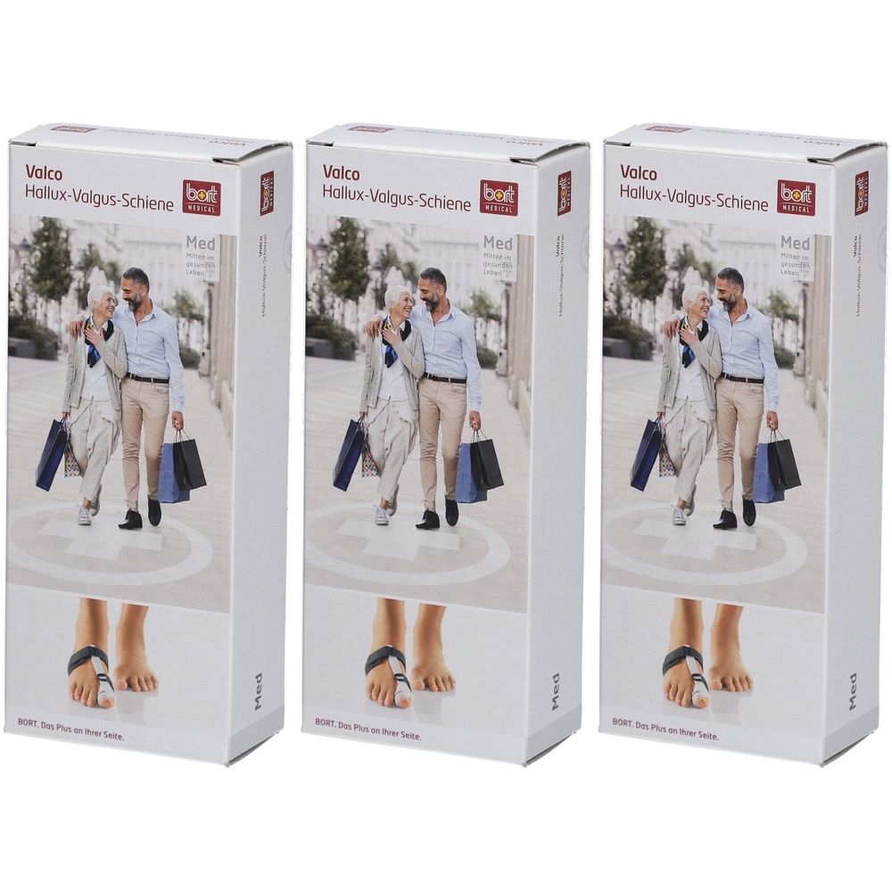 Trois boîtes de produit. Impression : Valco Hallux-Valgus-Schiene. Illustration : personnes et pied avec attelle. Marque : best medical.