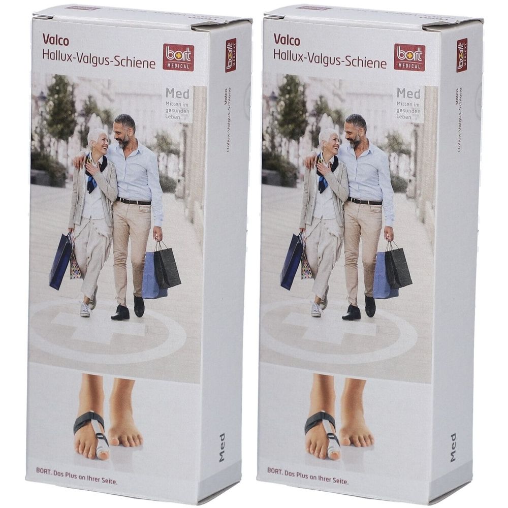 Deux boîtes de produit. Inscription: Valco Hallux-Valgus-Schiene, logo BORT MEDICAL. Illustration: couple avec sacs, pied avec attelle.