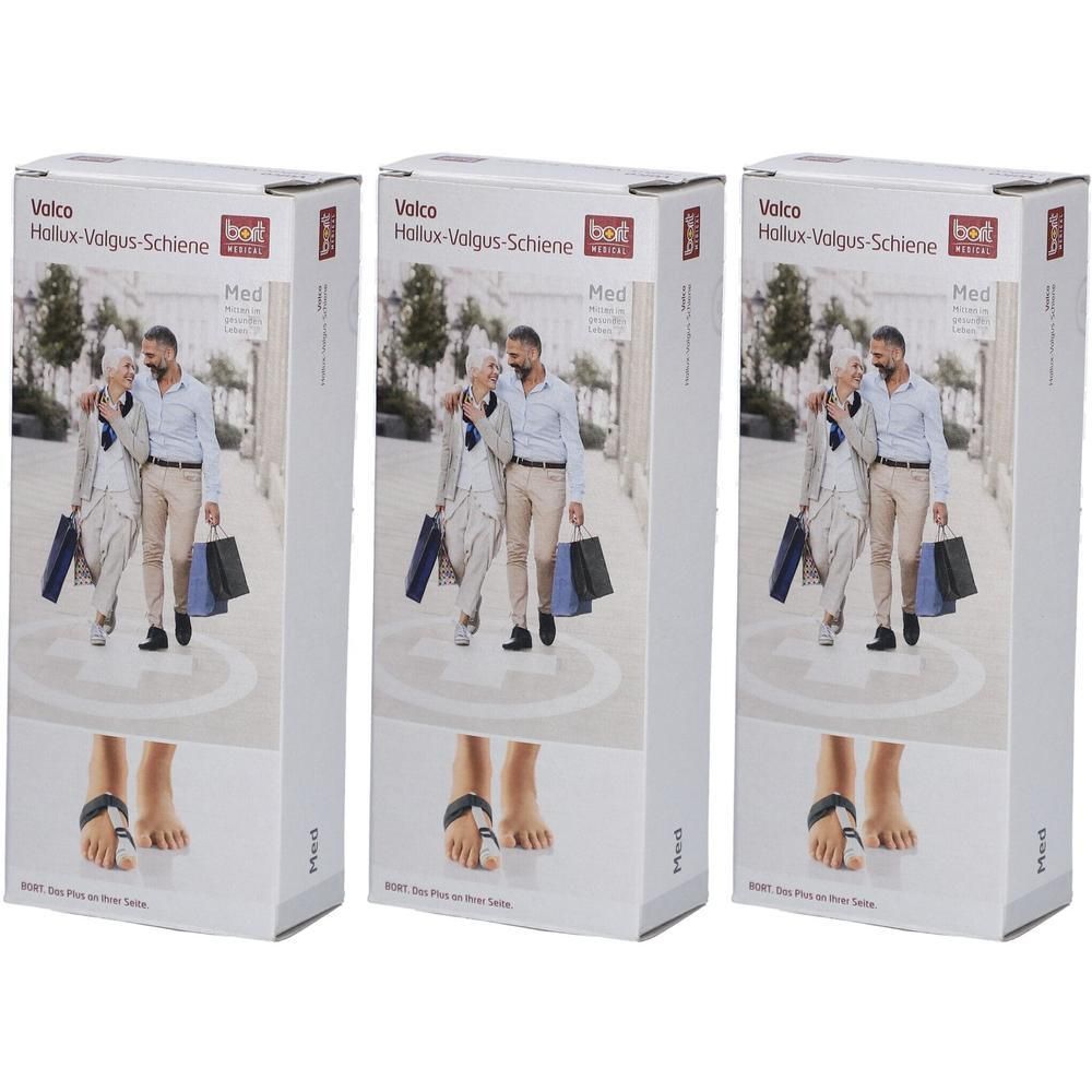 Trois paquets de BORT Valco® Hallux-Valgus-Schiene gauche taille M. Montre une paire d'attelles et un couple qui marche.