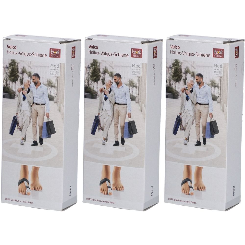 Trois boîtes de produit. Inscription: Valco Hallux-Valgus-Schiene, taille M. Image d'un pied avec attelle. Marque: BORT.