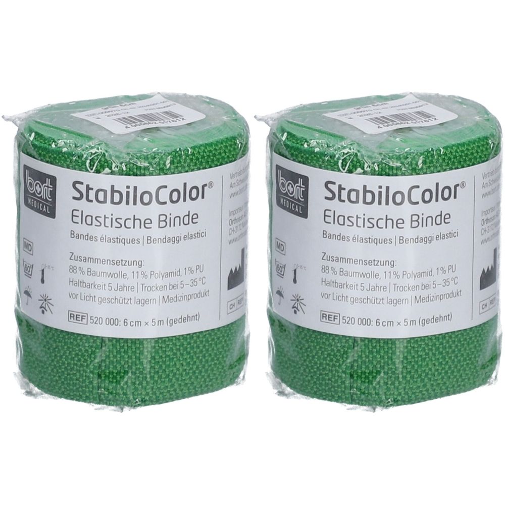 Deux rouleaux de bandage élastique vert BORT StabiloColor. Inscription : Elastische Binde, 6 cm x 5 m. Emballé dans du film.