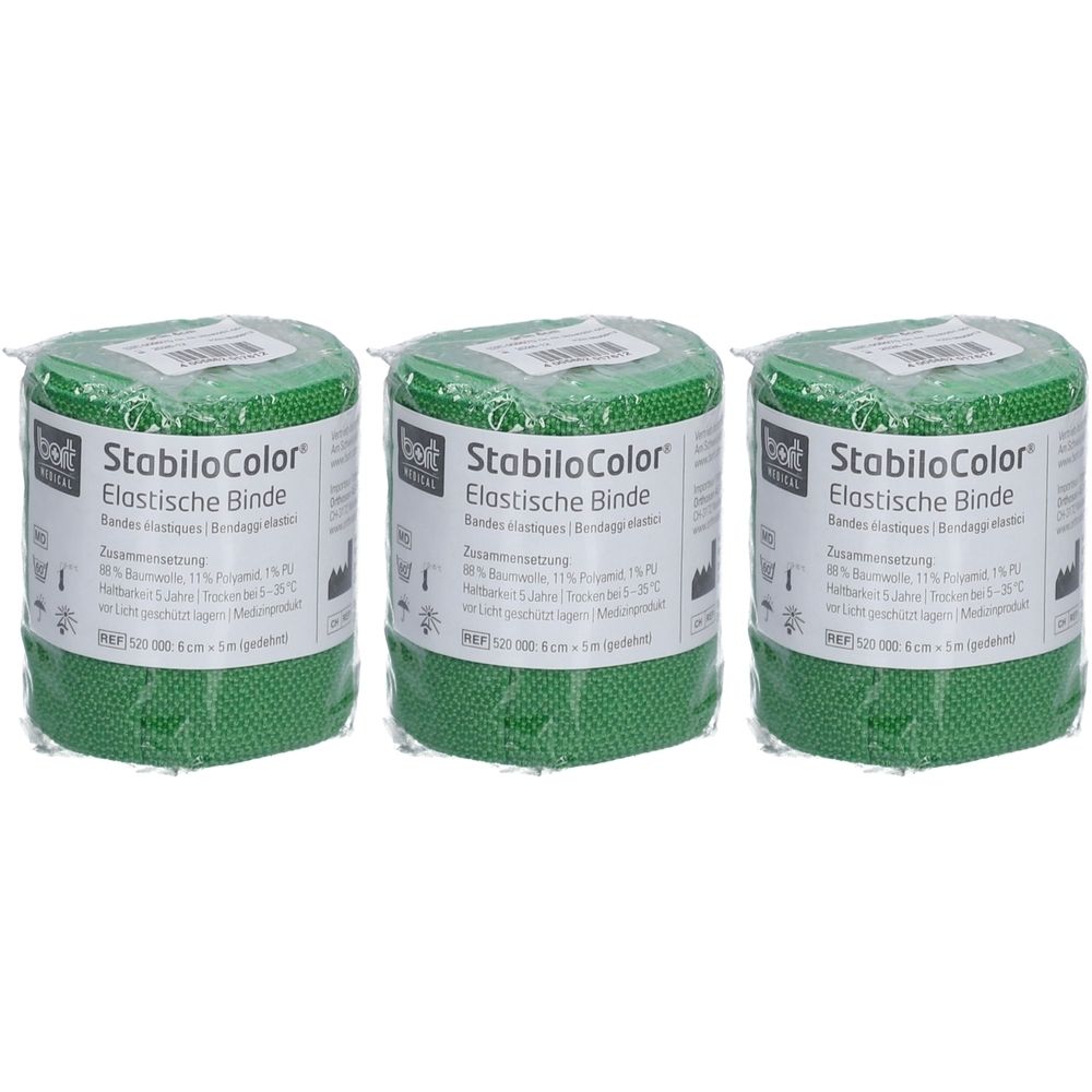 Trois bandages verts emballés. Inscription: StabiloColor, bandage élastique, 6 cm. Marque: bort medical.
