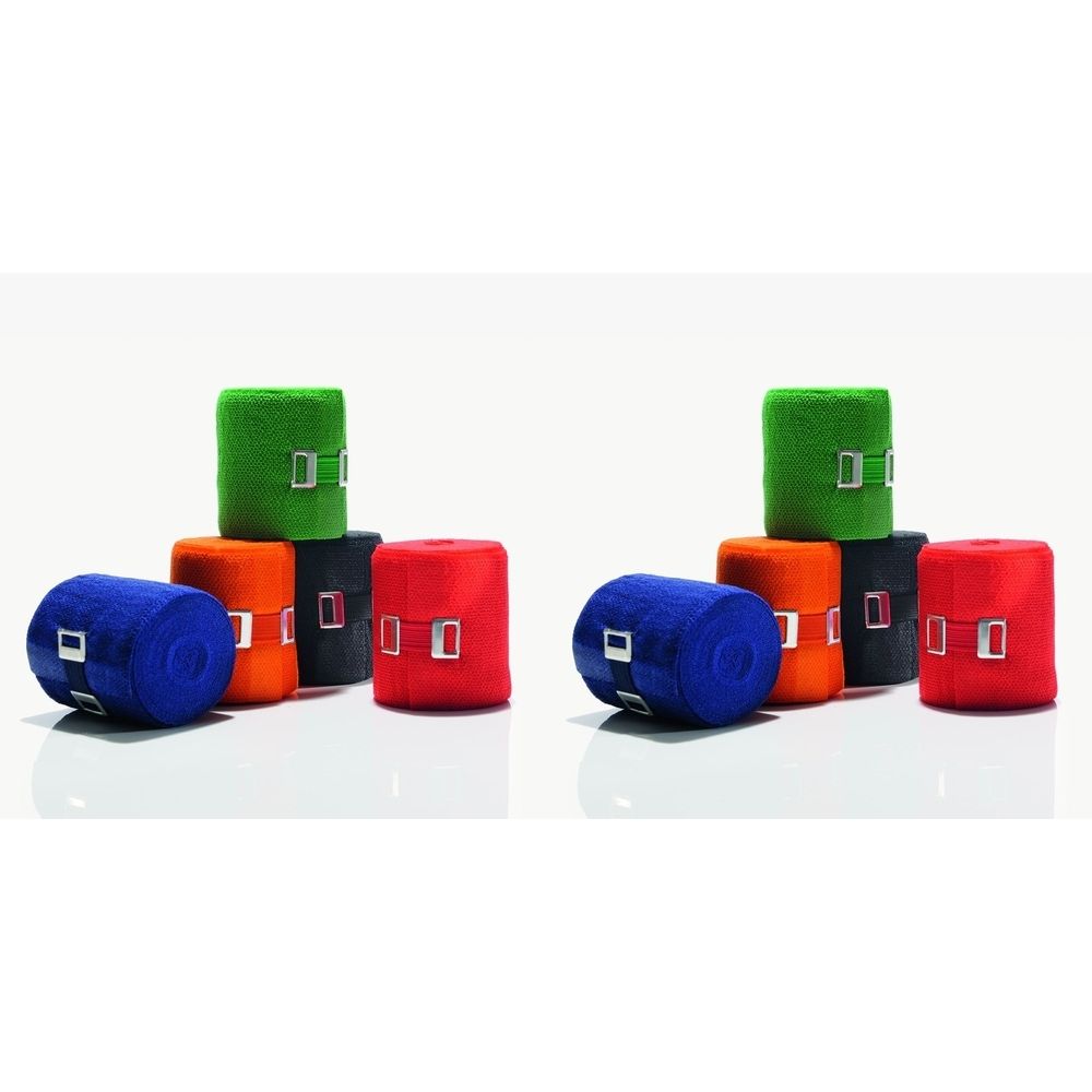 Bandages multicolores avec fermetures argentées. Couleurs : bleu, vert, orange, rouge et noir. Sur fond blanc.