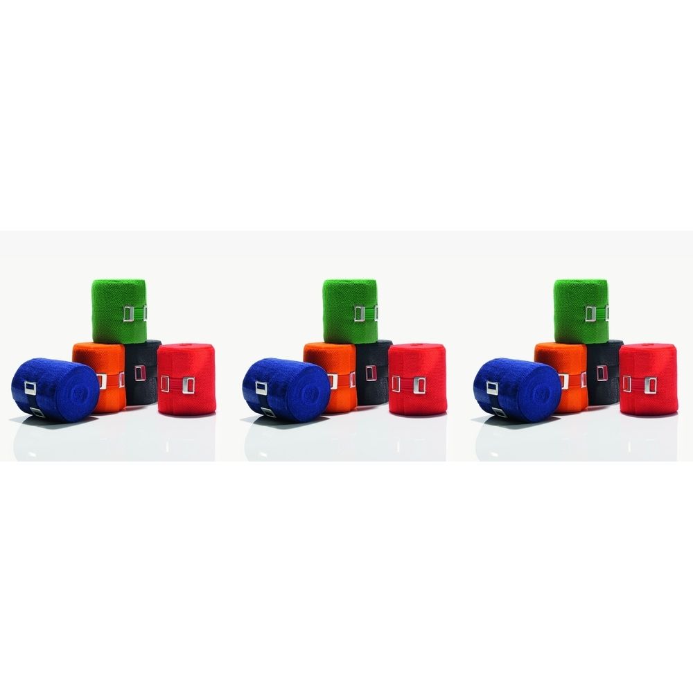 Bandages multicolores, bleu, orange, rouge, vert et noir. Fermeture métallique. Plusieurs exemplaires empilés.