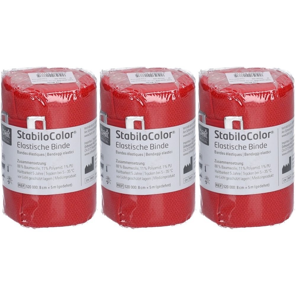 Drei rote Binden, verpackt in Folie. Auf jeder Binde steht "StabiloColor Elastische Binde". Größe: 8 cm x 5 m.