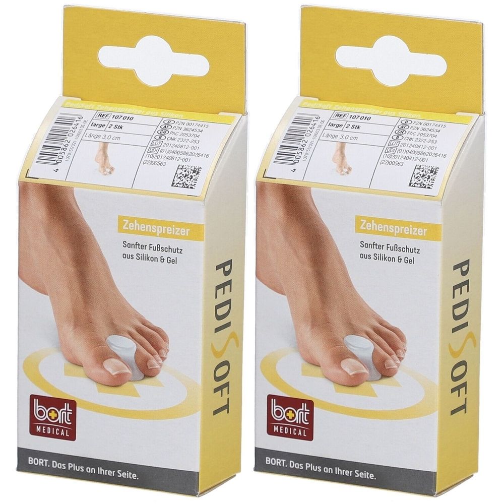 Zwei Verpackungen von BORT PediSoft® Zehenspreizer. Gelber Karton mit Produktabbildung und Schriftzug PediSoft. Marke BORT MEDICAL.
