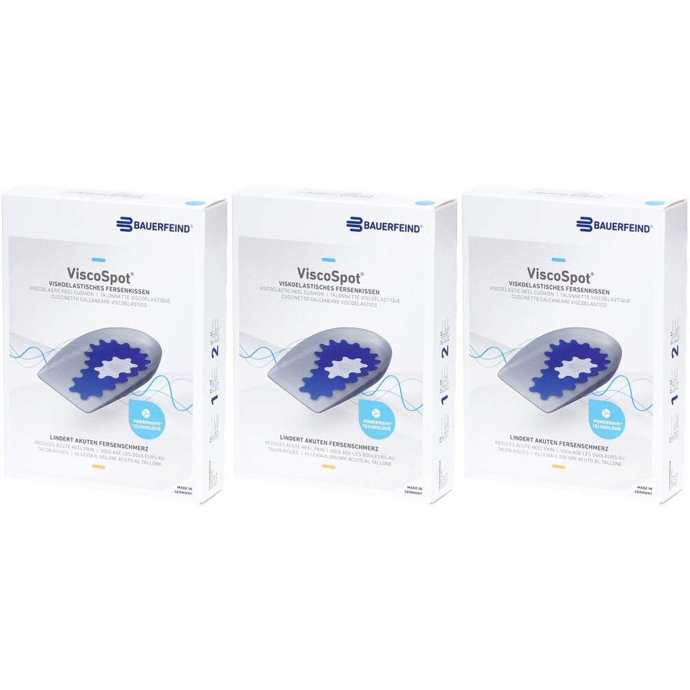Trois boîtes de coussinets talonniers ViscoSpot de Bauerfeind. Boîtes blanches avec image du produit et inscription ViscoSpot.
