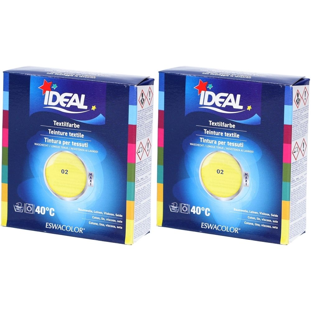 Deux boîtes de teinture textile IDEAL. Inscription Textilfarbe, Teinture textile, Tintura per tessuti. Échantillon jaune. 40°C. ESWACOLOR.