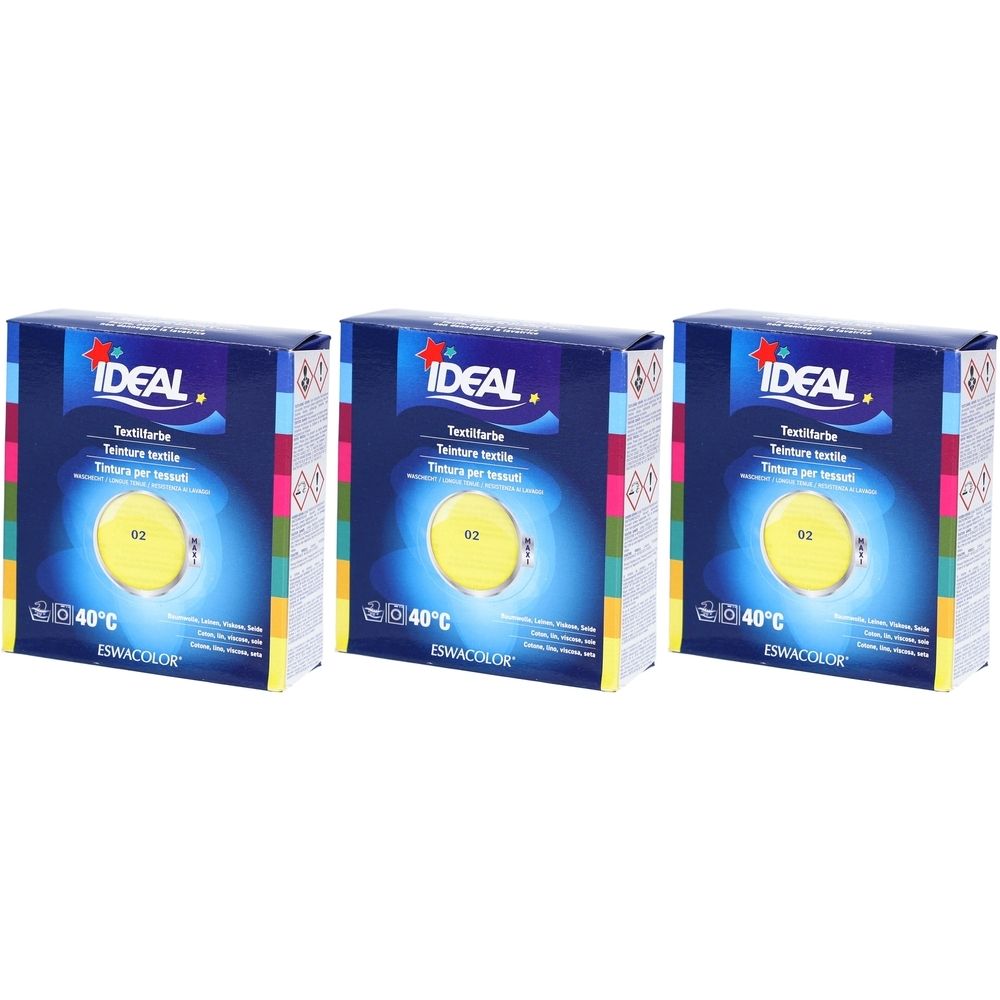Trois boîtes de teinture textile. Sur chaque boîte, IDEAL, teinture textile, 02 et 40°C. Couleur jaune visible.