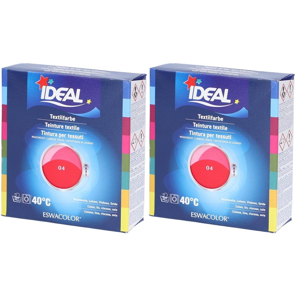 Zwei Kartons Textilfarbe. Aufschrift: IDEAL, Textilfarbe, 04, 40°C. Farbkreis in Rot. Marke ESWACOLOR.