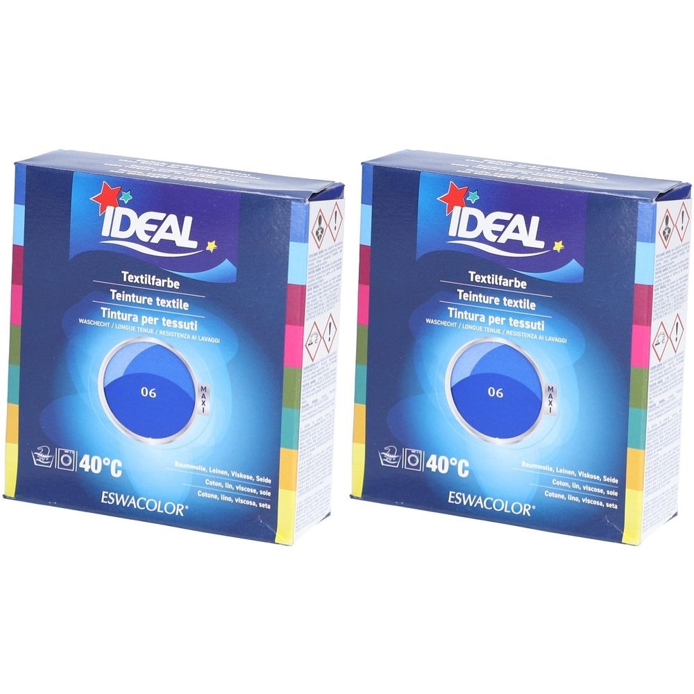 Zwei blaue Textilfarben-Verpackungen. Aufschrift: IDEAL, Textilfarbe, 06, 40°C. Marke ESWACOLOR. Königsblau.