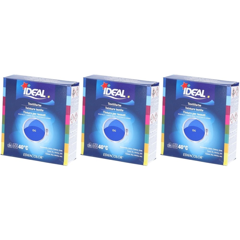 Drei Schachteln Textilfarbe. Blaue Verpackung mit IDEAL-Logo und Produktbezeichnung. Aufdruck: 06 Königsblau, 40°C.