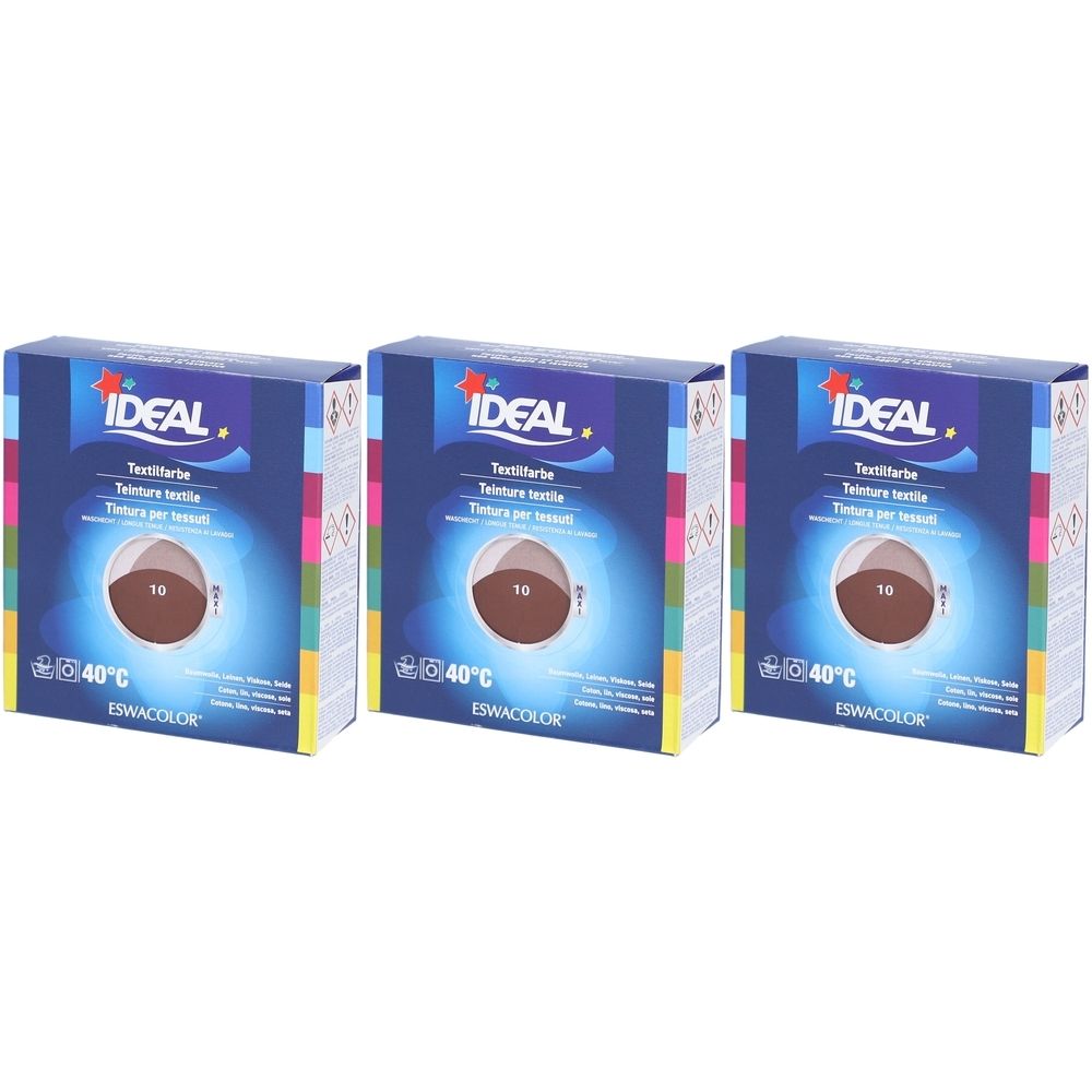 Trois boîtes de teinture textile IDEAL. Chaque boîte affiche un échantillon de couleur marron et le chiffre 10. Inscription : 40°C et ESWACOLOR.