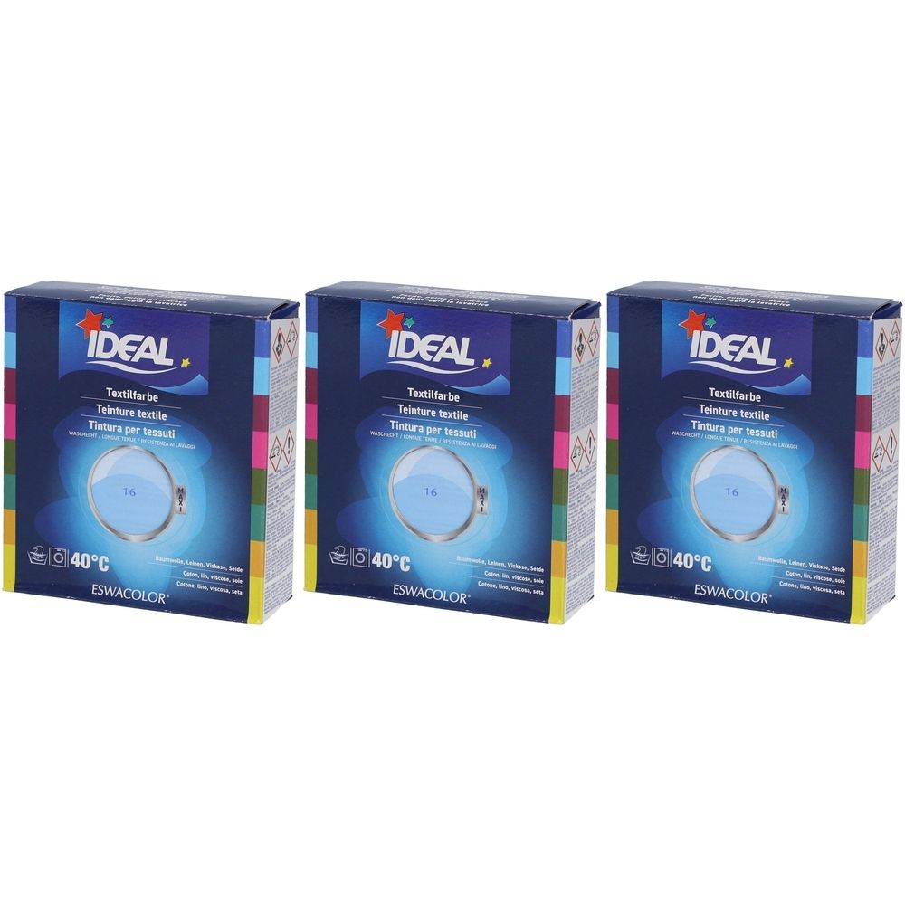 Trois boîtes de teinture textile IDEAL. Emballage bleu avec informations produit et nom de marque. Cercle de couleur bleu ciel.