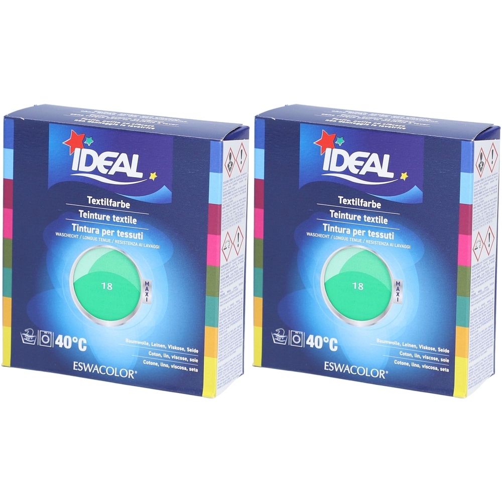 Deux boîtes de teinture textile IDEAL. Inscription : Textilfarbe, Teinture textile, Tintura per tessuti. Teinte 18 Mint. Indication de température 40°C.